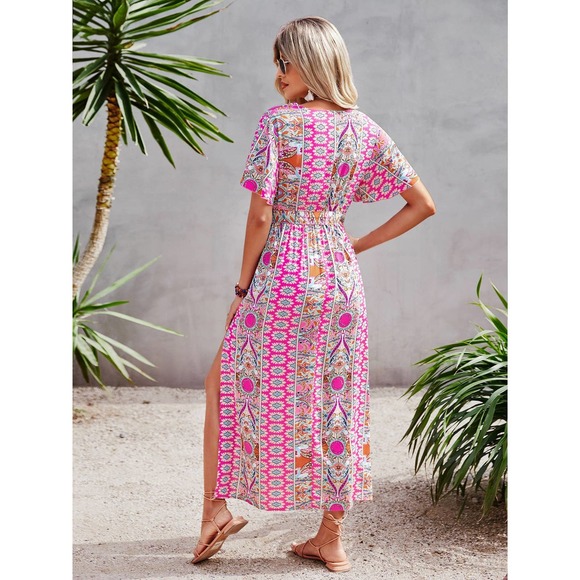 boho paisley Print short Sleeve Split Side Belted maxi Dress cream orange - Picture 7 of 11